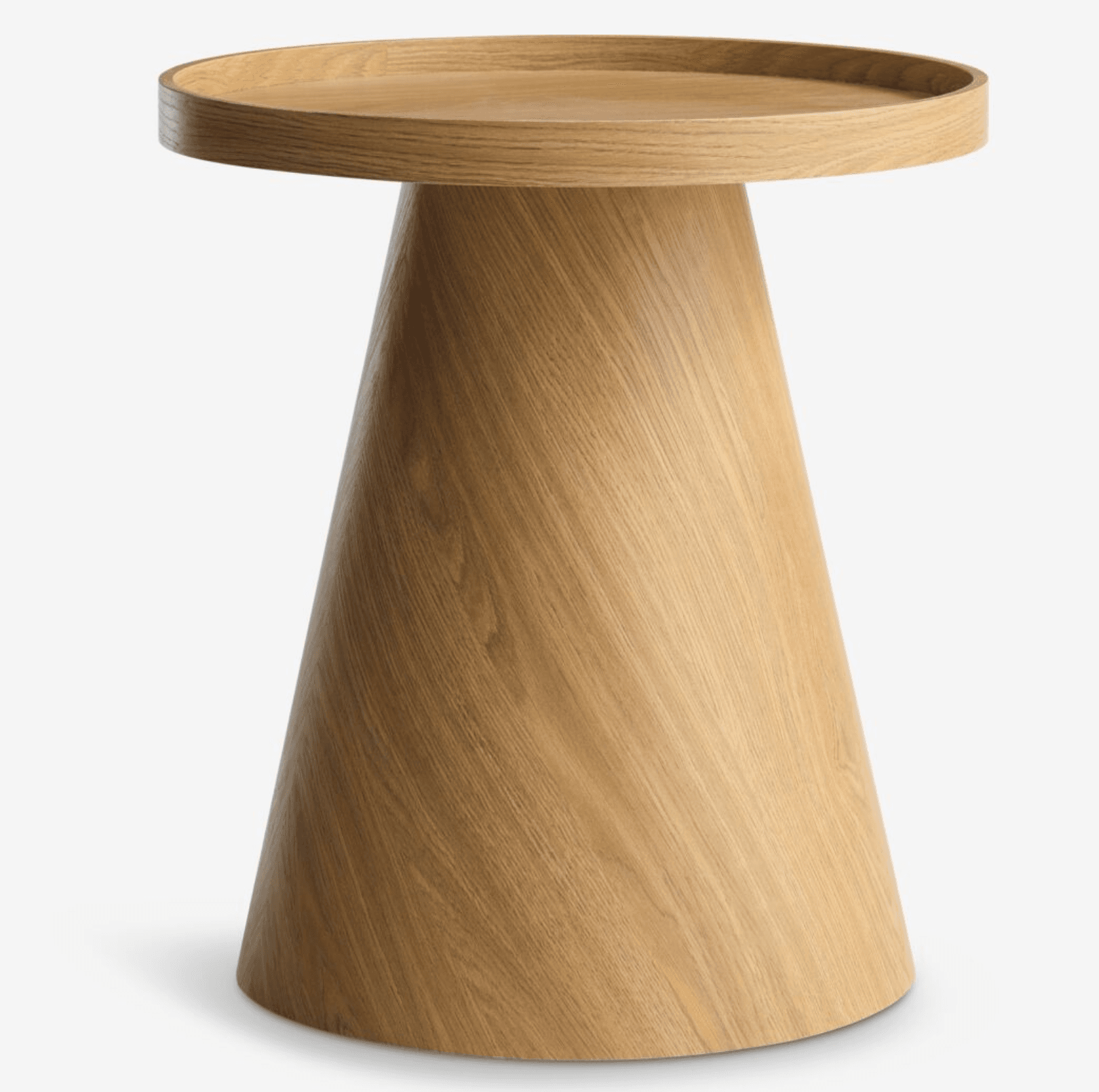 A modern light wood accent table featuring a distinctive conical pedestal base and a round tabletop with a subtle raised edge, creating a tray-like surface. — 3D model