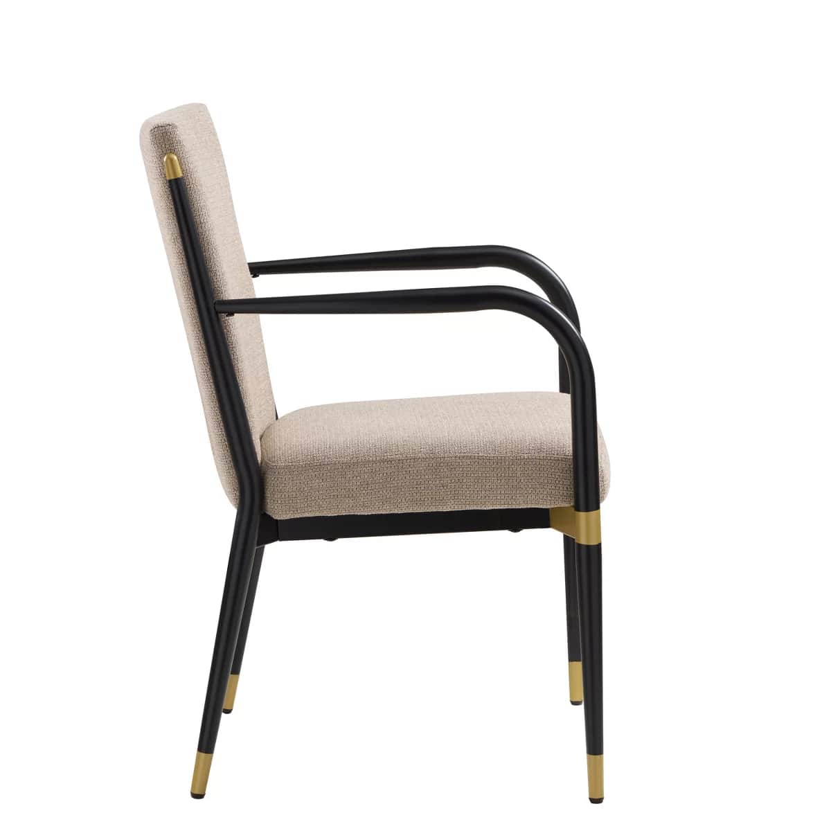 A contemporary upholstered armchair featuring a black metal frame with brass details and beige fabri… — 3D model