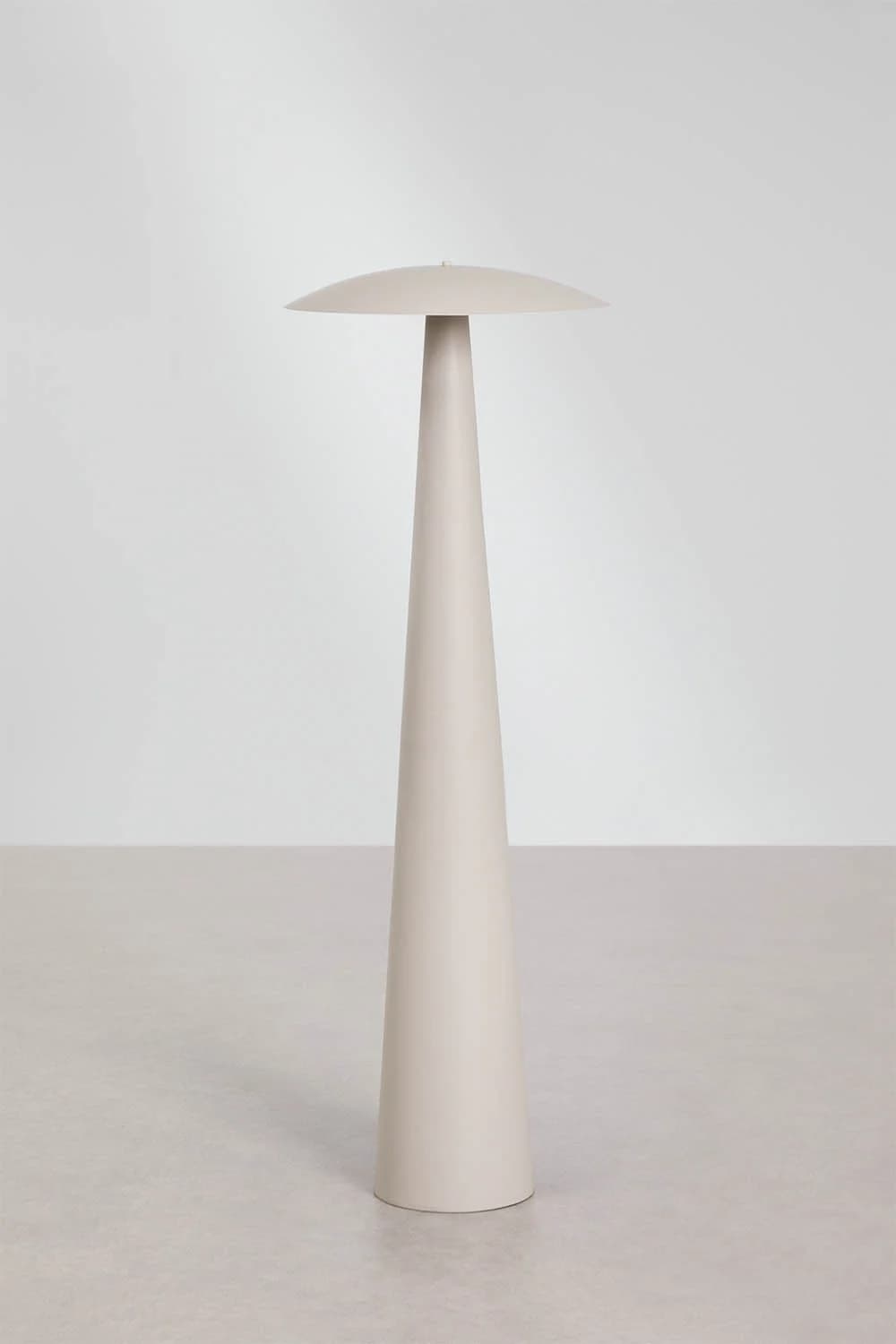 A modern floor lamp featuring a slender, conical base that tapers upwards, topped with a flat, disc-shaped shade. The entire lamp is finished in a uniform light gray or off-white matte color, presenting a minimalist and sculptural aesthetic. The design suggests indirect or downward-facing illumination. — 3D model