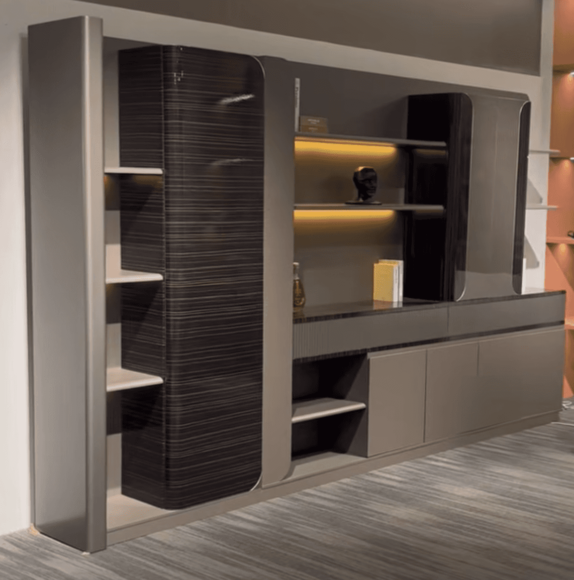 A modern wall-mounted entertainment center featuring a multi-component design with open shelving, en… — 3D model
