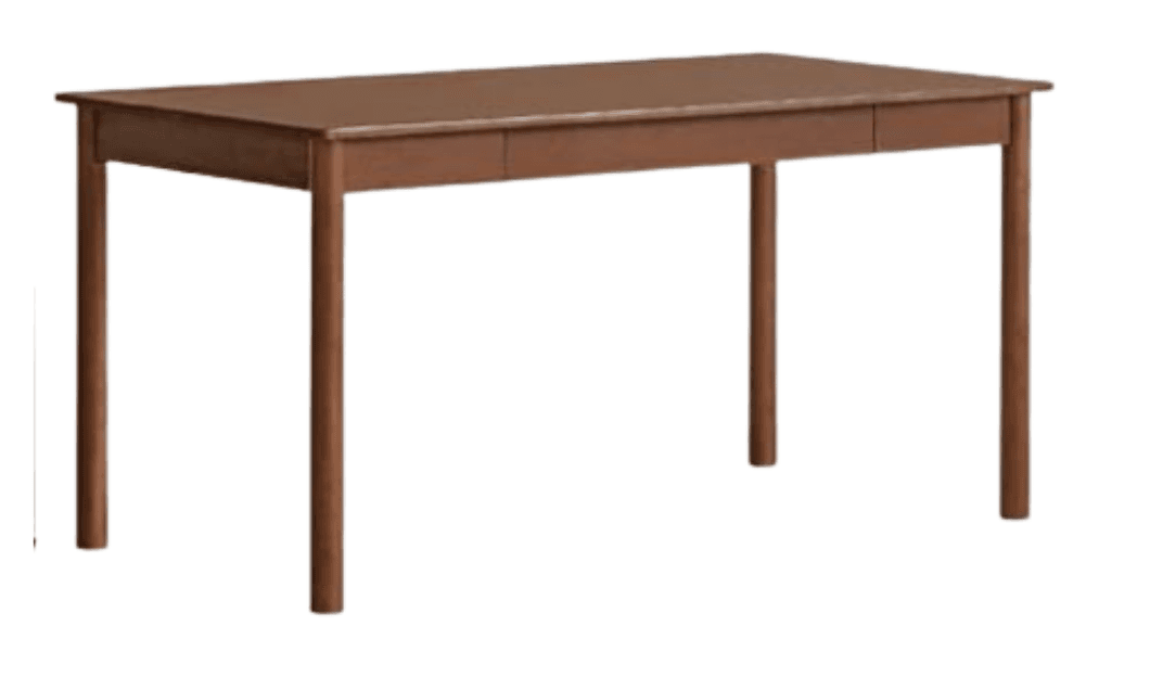 A rectangular wooden table, likely a dining table, featuring a simple and sturdy design. It has a flat tabletop, a surrounding apron, and four straight, square-profile legs. Visible cutouts on the apron suggest the presence of integrated drawers for storage. The table has a uniform brown finish. — 3D model