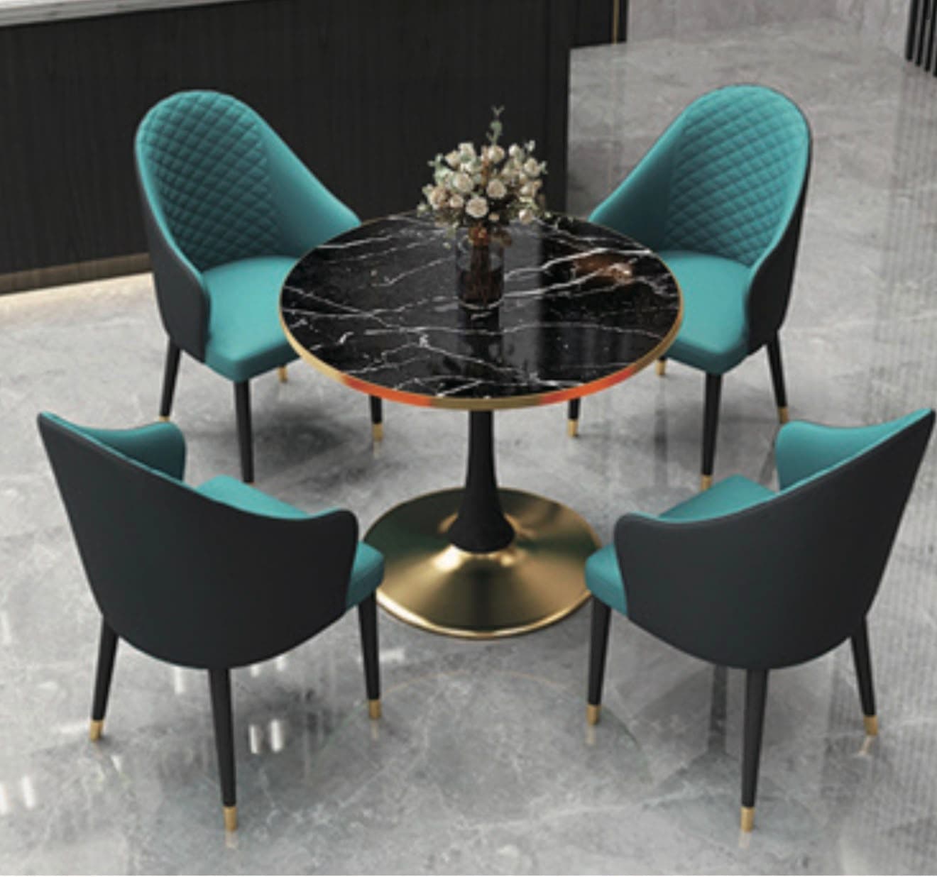 A modern dining set featuring a round black marble-top table with a central gold pedestal base, accompanied by four contemporary armchairs. The chairs are upholstered in a vibrant teal fabric on the seat and inner back, with the backrest being diamond-quilted. The outer shell of the chairs is a smooth dark material, and they stand on slender black legs with gold-tipped feet. — 3D model