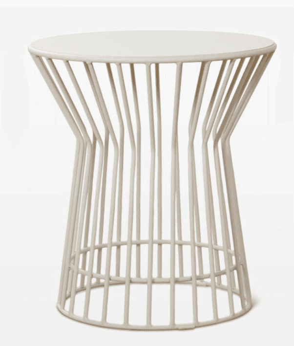 A small, cylindrical side table with a rounded top and a base constructed from vertical metal rods. The rods are spaced apart and taper inwards towards the top, creating a cage-like effect. The base is secured by a circular metal band connecting the bottom of the rods. — 3D model