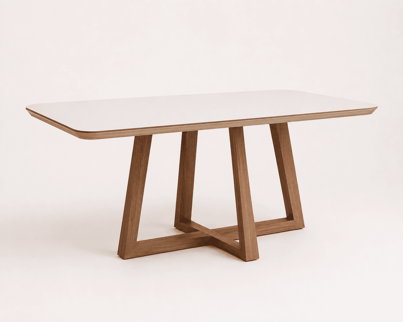 A modern rectangular dining table featuring a light-colored top with rounded corners and a robust wo… — free GLB 3D model