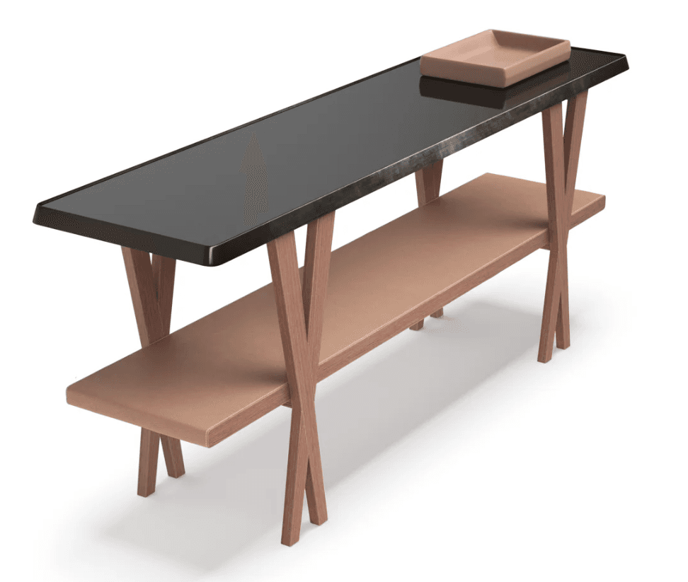 A modern two-tier console table featuring a dark, reflective top surface and a lighter wooden lower shelf, supported by distinctive crossed wooden legs. — 3D model