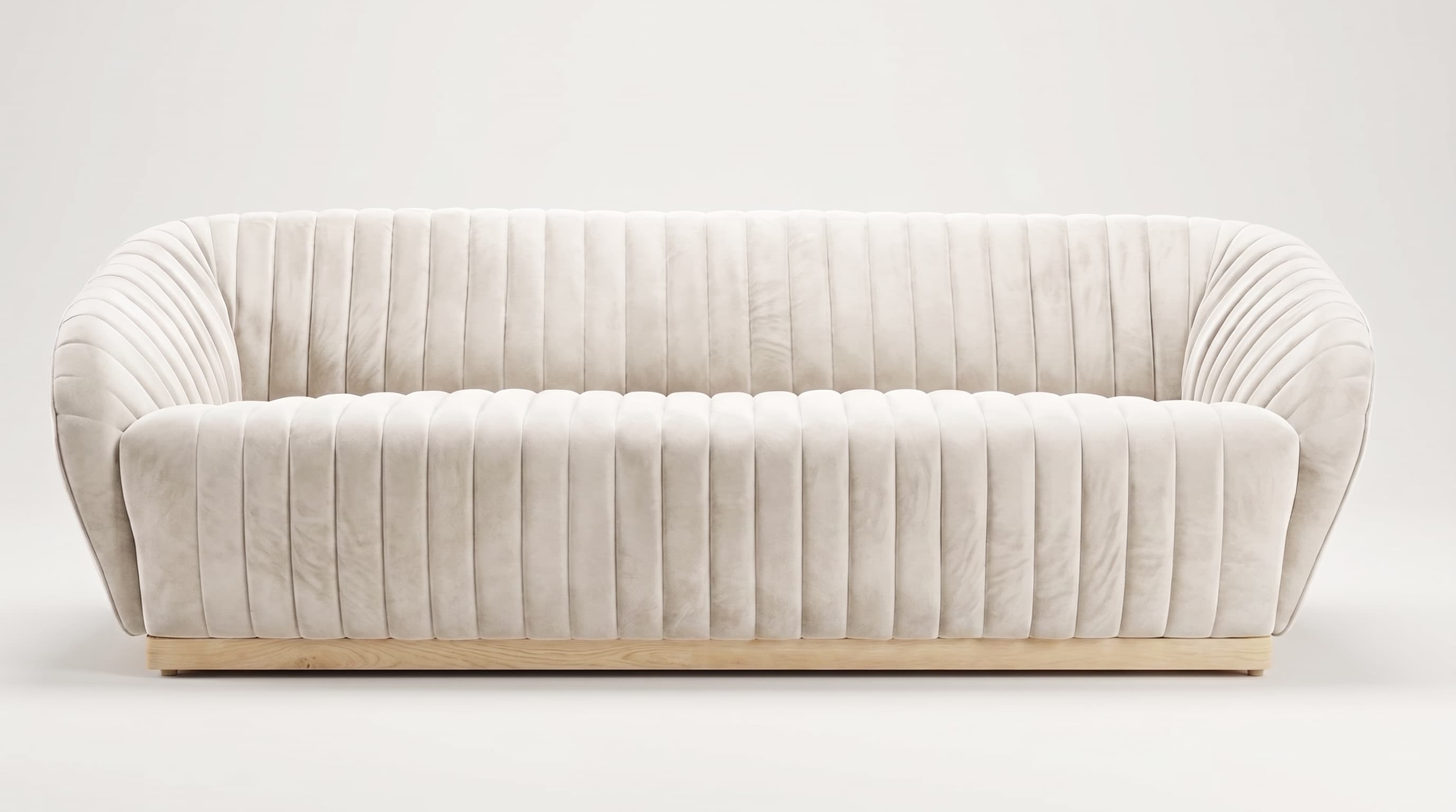 A contemporary three-seat sofa upholstered in cream velvet with vertical channel tufting and a low wooden plinth base. — 3D model