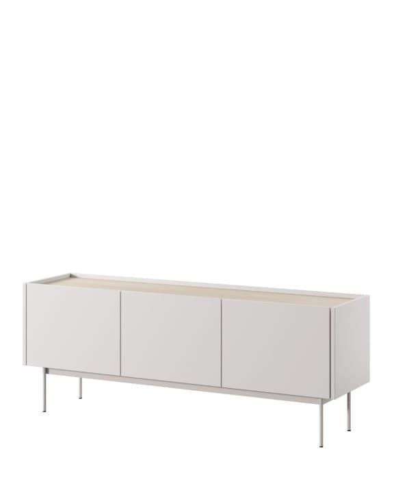 A modern, minimalist sideboard featuring a light grey body with three doors and a contrasting light wood top. It is supported by four slim, round, silver-toned metal legs. The design is clean and understated. — 3D model