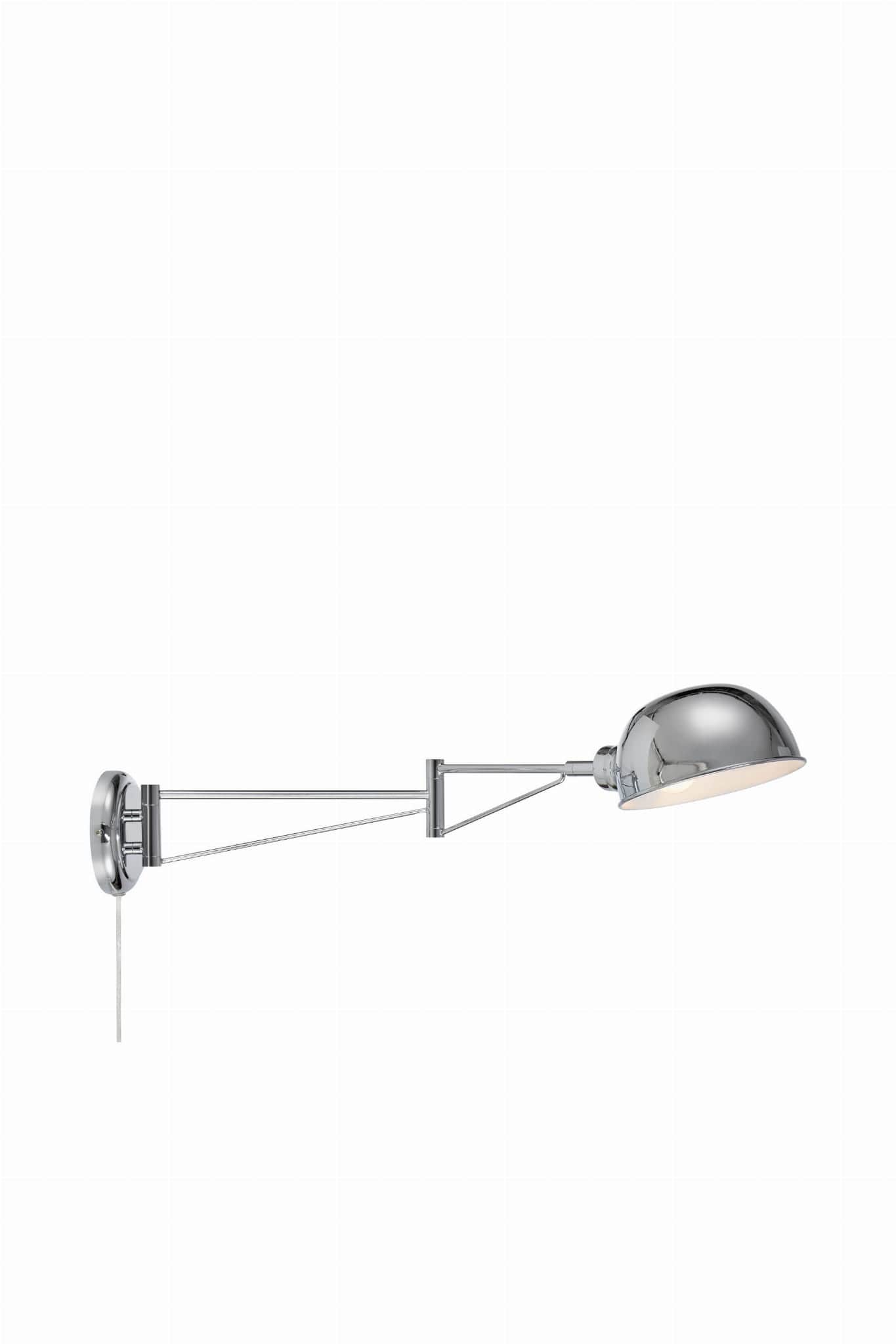 A polished chrome wall-mounted lamp with an articulated arm. The lamp features a parabolic shade and… — 3D model