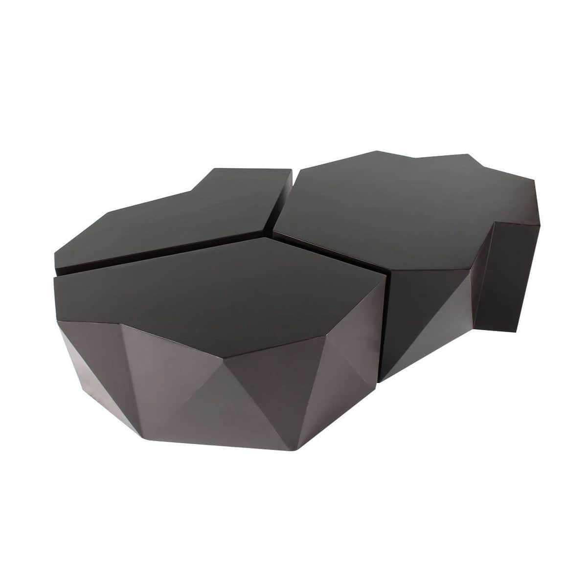 A dark, multi-part coffee table featuring a geometric, faceted design composed of multiple polygonal… — free STL 3D model