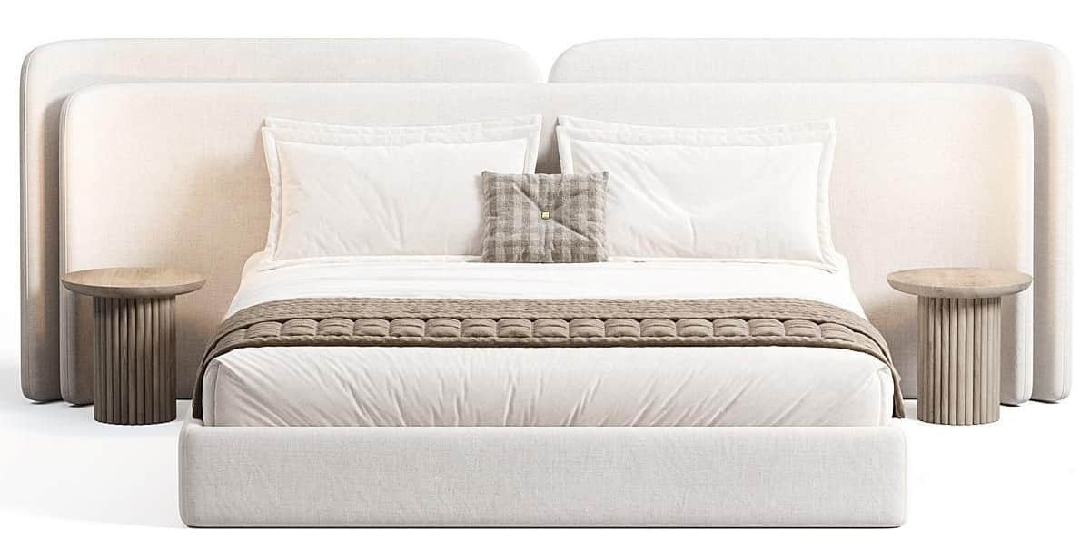 A modern upholstered bed with a large, curved headboard that extends to flank the sides. The bed fra… — 3D model