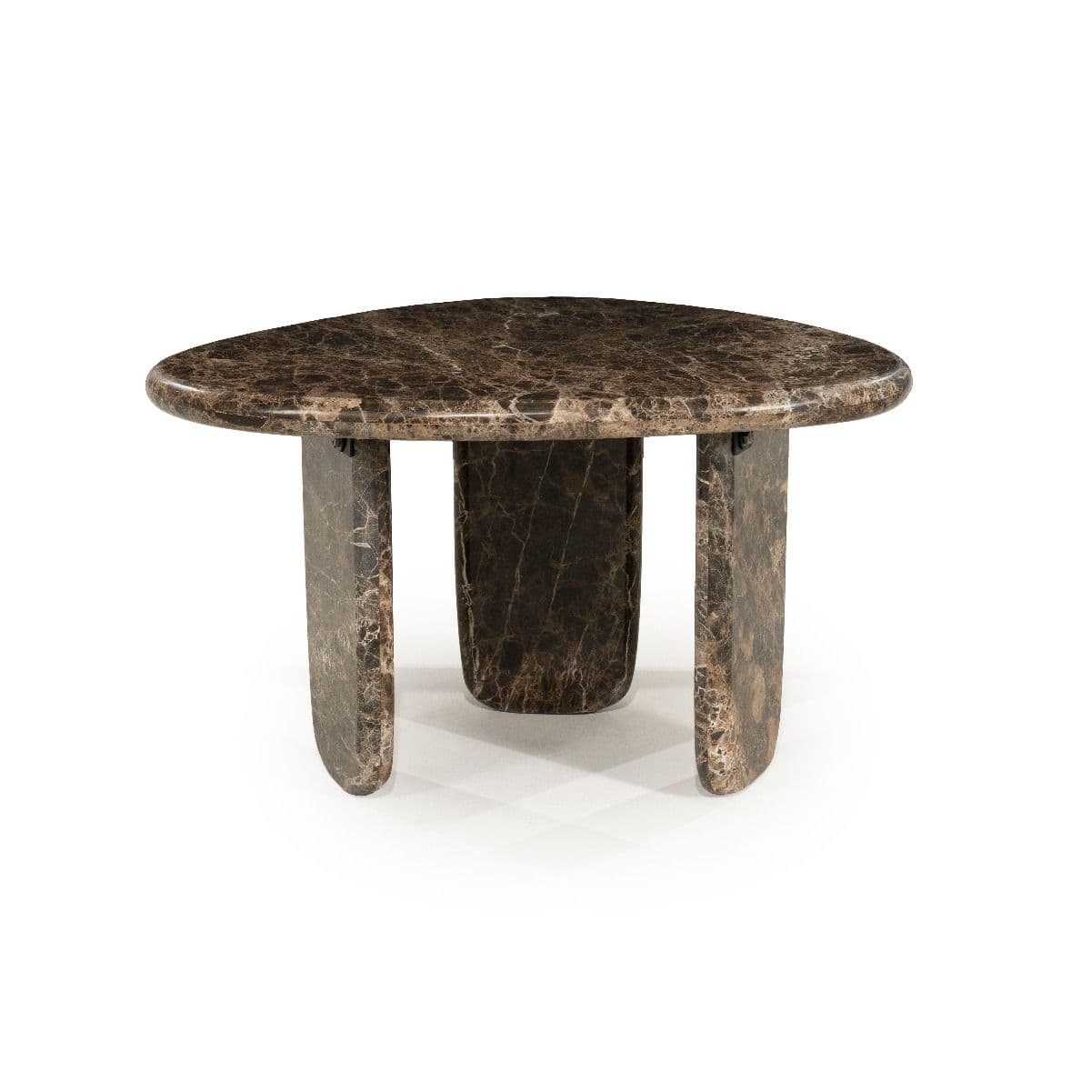 A low-profile coffee table constructed entirely from dark, veined marble. The tabletop features an organic, somewhat kidney or pebble-like shape with softly rounded edges. It is supported by three thick, sculptural slab legs, each with rounded bases and edges, contributing to a substantial and monolithic appearance. The marble displays rich brown and black tones with prominent lighter veining throughout. — 3D model