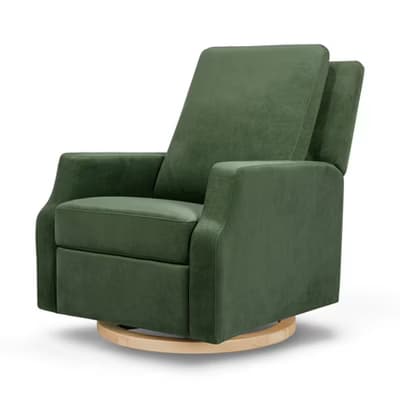 A modern upholstered recliner chair in a dark green velvet-like fabric, featuring a wooden swivel base and integrated armrests. The backrest shows a clear reclining mechanism. — 3D model