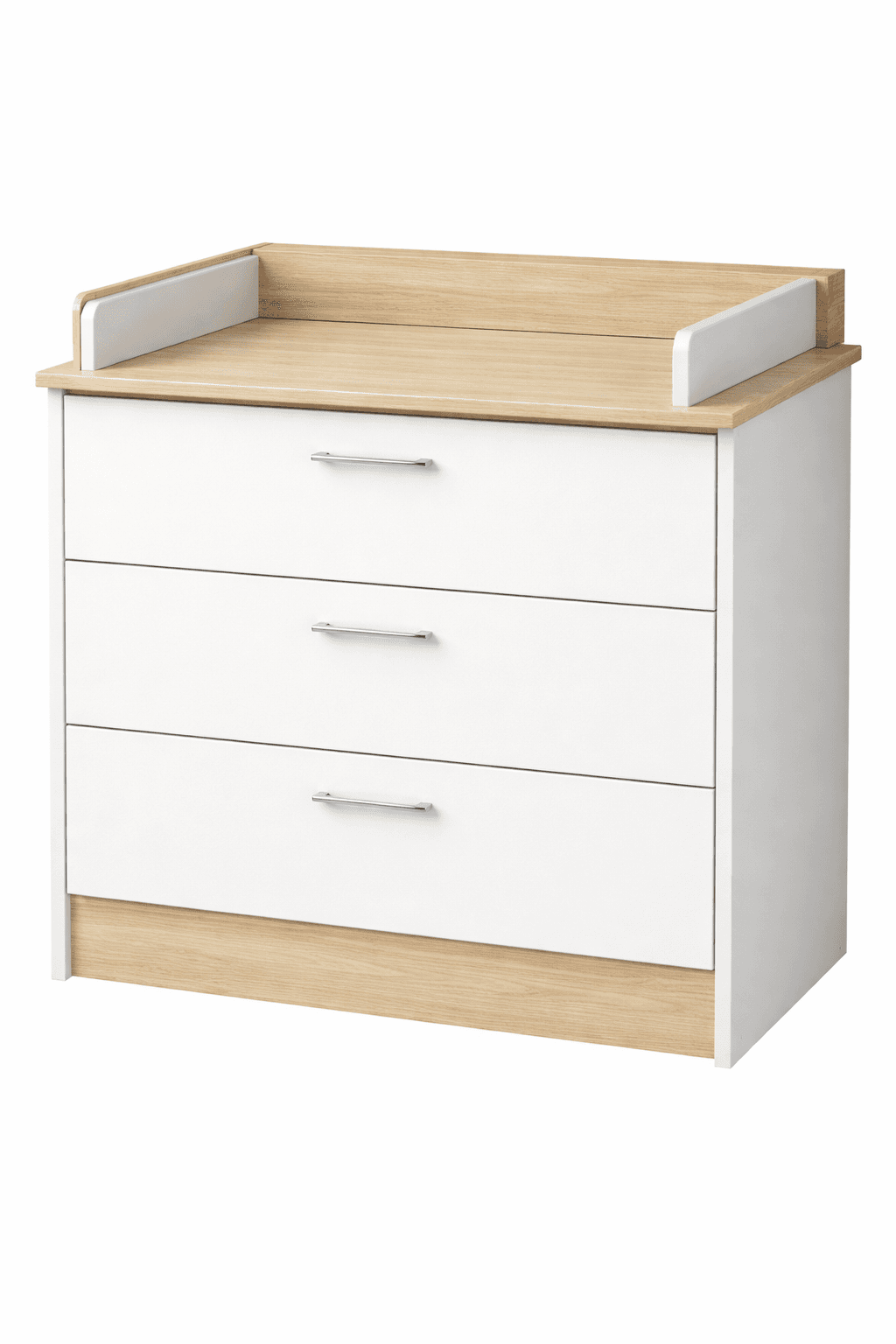 A chest of drawers designed for a nursery or child's room, featuring a changing station topper. It has three drawers with metallic handles. The body of the unit is primarily white, with a wooden accent at the base and on the changing station surround. The changing station has raised edges for safety. — 3D model