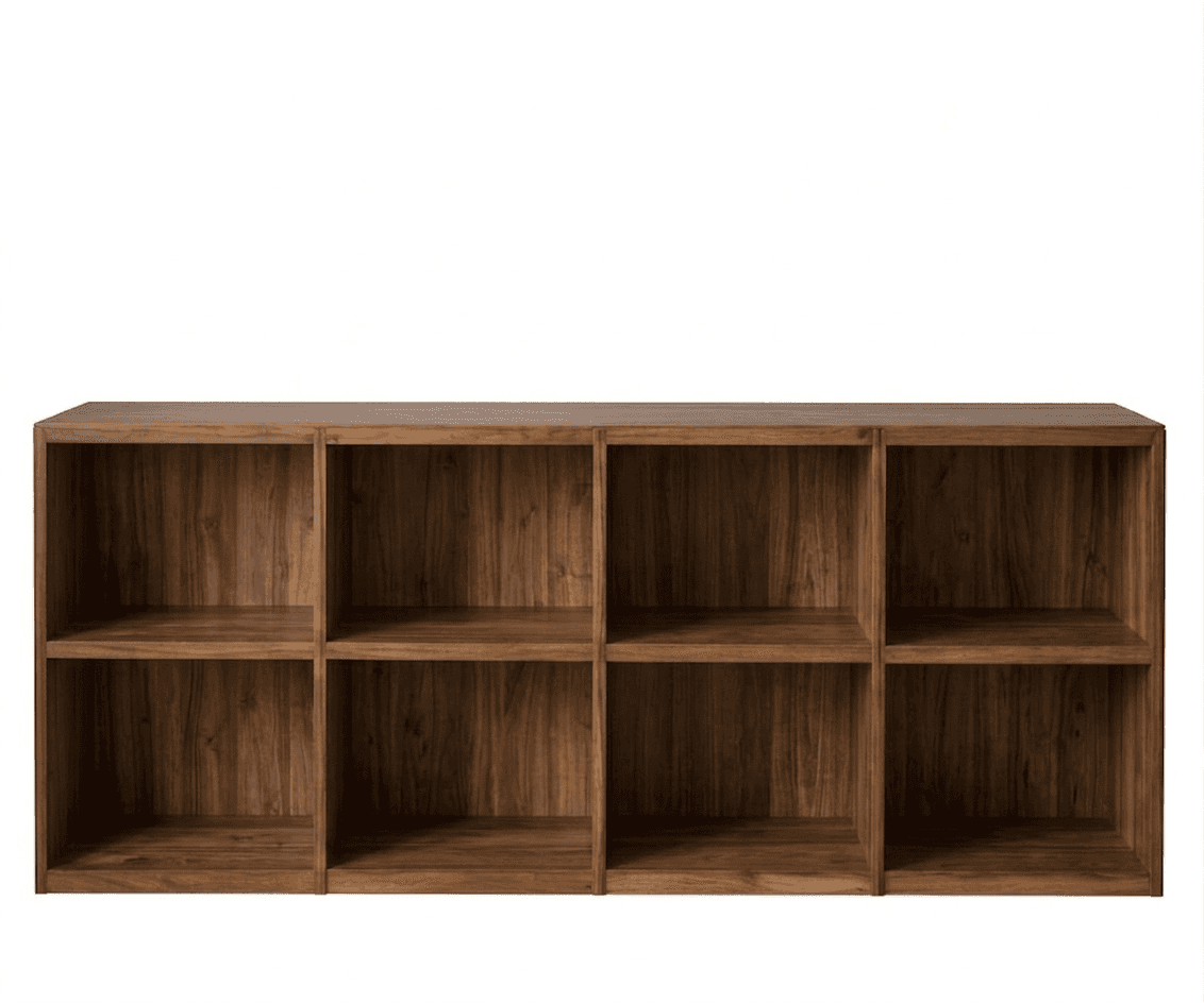 A modular shelving unit with eight square compartments arranged in a 2x4 grid. The unit is made of w… — 3D model