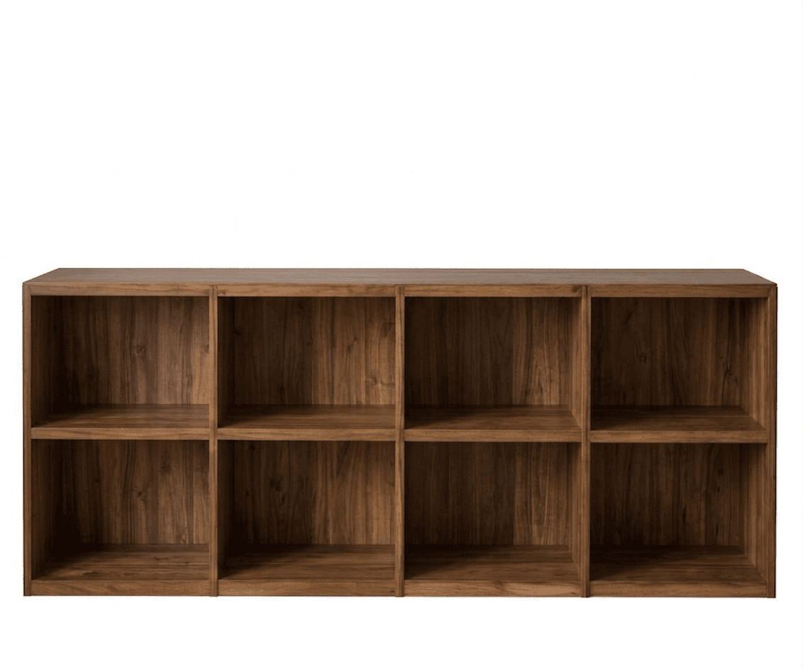 A modular shelving unit with eight square compartments arranged in a 2x4 grid. The unit is made of wood composite material with a dark wood grain finish. Each compartment is open-fronted, providing storage and display space. — 3D model
