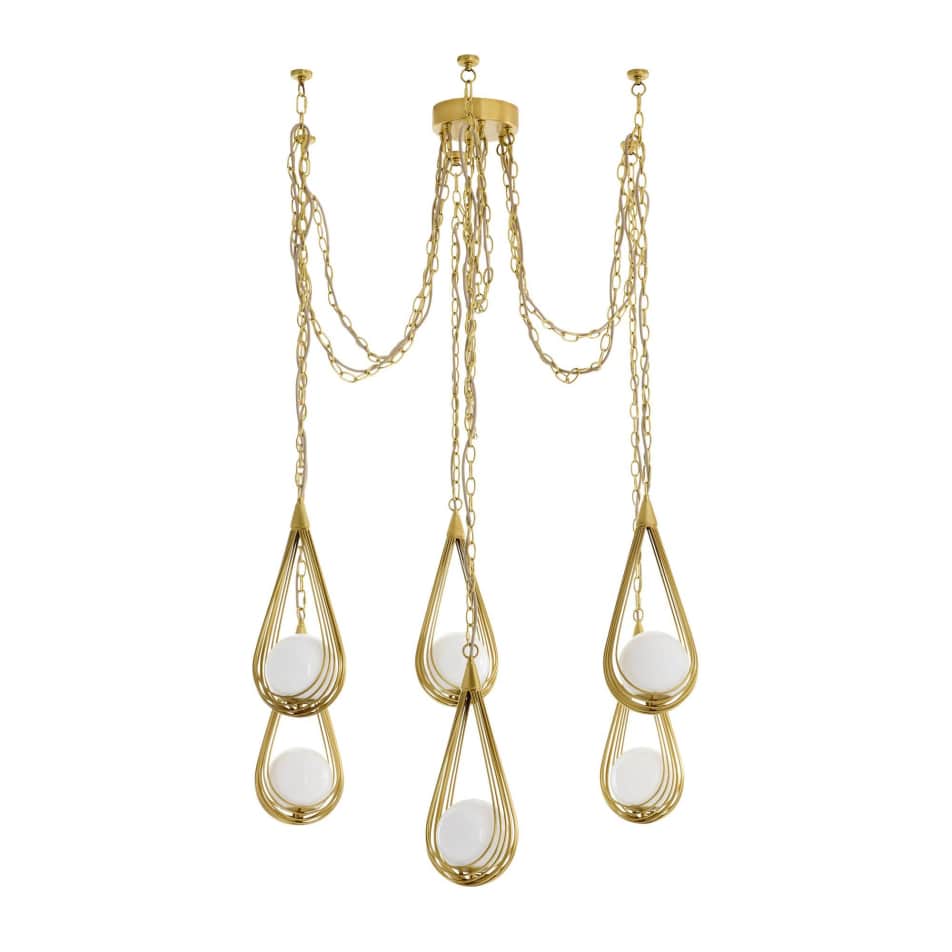 A multi-tiered chandelier featuring a central canopy from which several gold-toned chains descend. E… — free STL 3D model