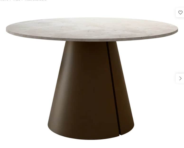 A modern round table featuring a light-colored, stone-like top and a dark brown, conical pedestal ba… — 3D model