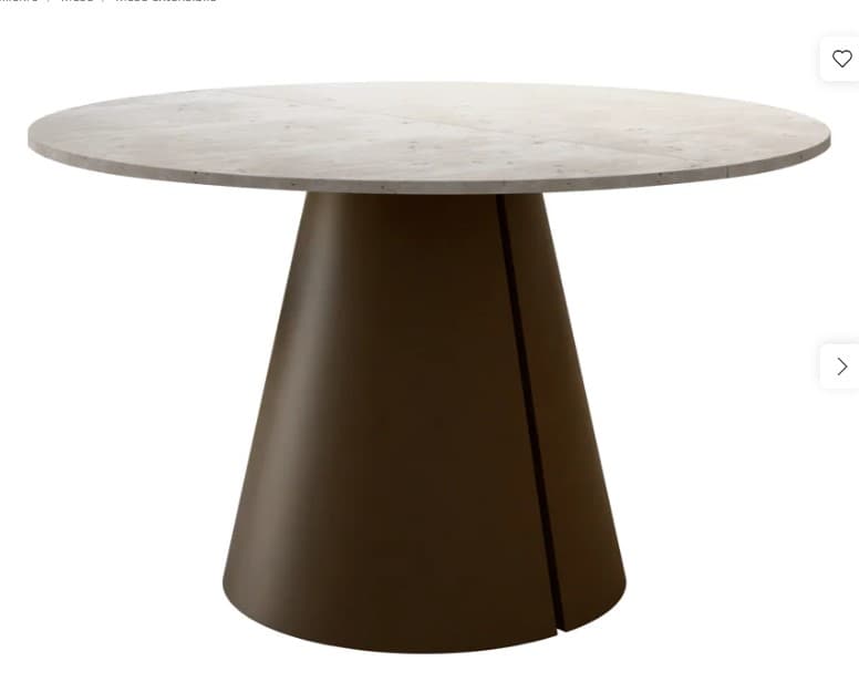 A modern round table featuring a light-colored, stone-like top and a dark brown, conical pedestal base with a subtle vertical seam. — 3D model