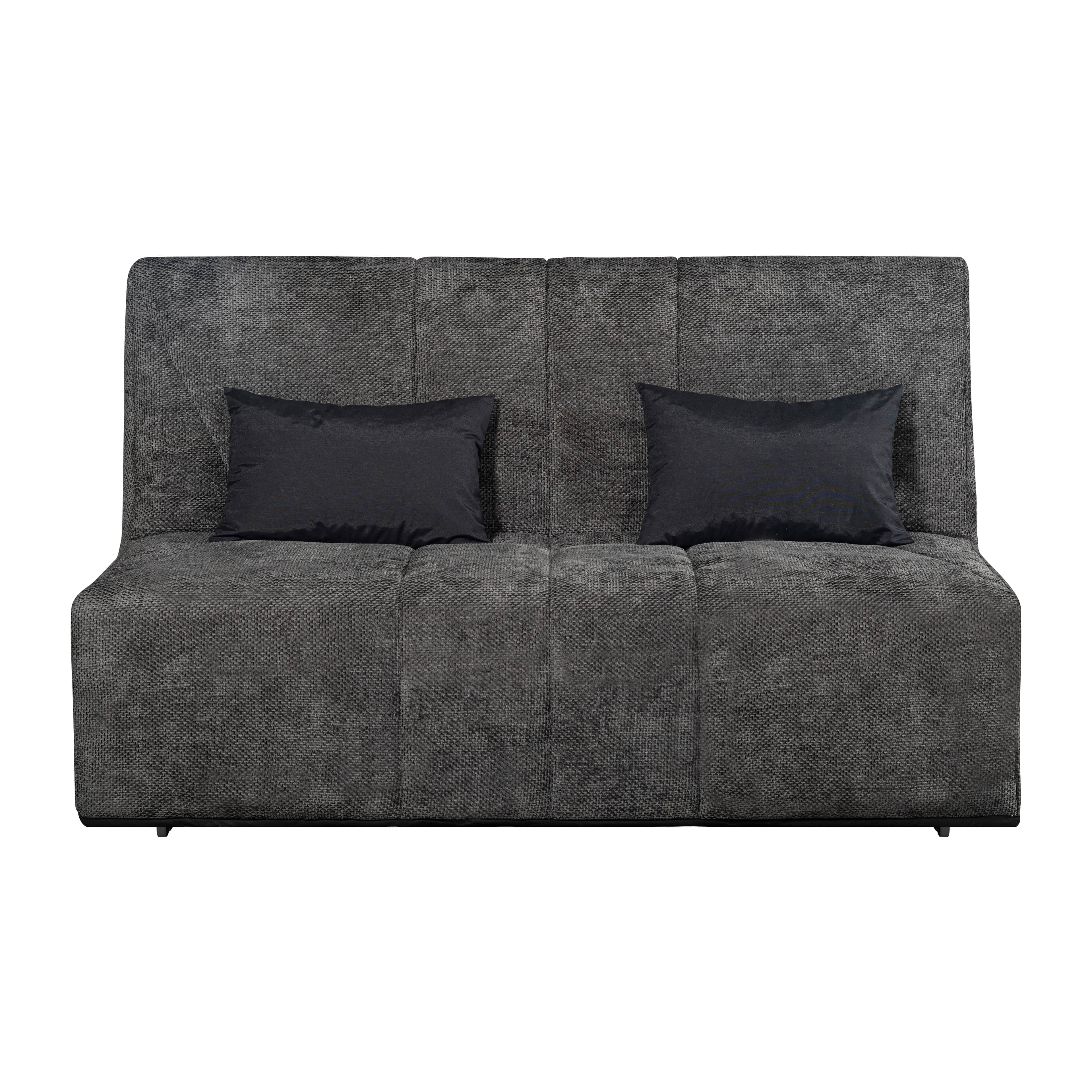 A modern, compact sofa bed upholstered in a dark gray, textured fabric. It features vertical channel… — 3D model