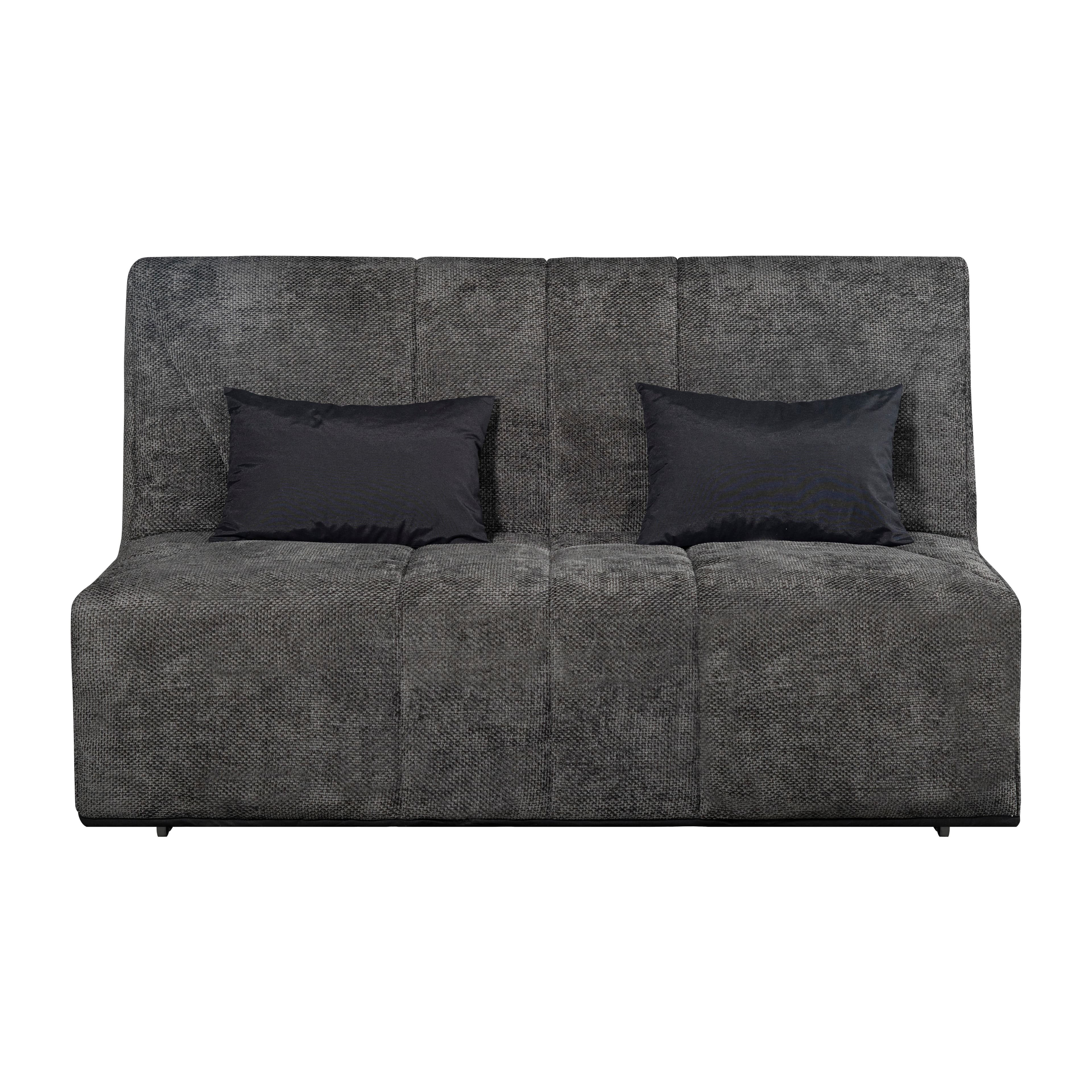 A modern, compact sofa bed upholstered in a dark gray, textured fabric. It features vertical channel tufting on both the backrest and the seat, suggesting a convertible mechanism. Two black bolster pillows are included, resting against the backrest. The design is minimalist with clean lines and no visible armrests, indicative of a space-saving solution. The base is simple, with minimal or recessed legs. — 3D model