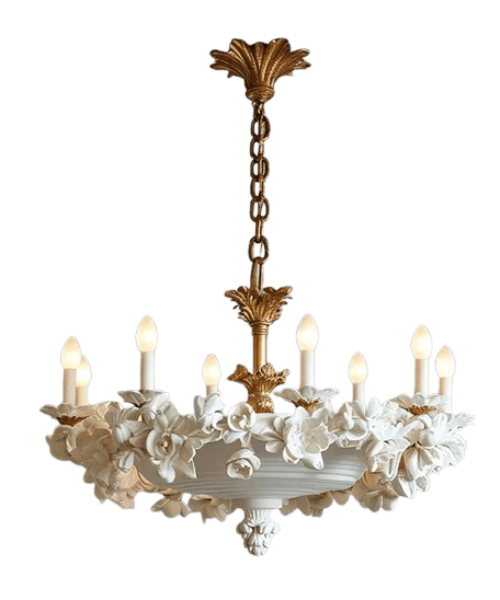A decorative chandelier featuring a white bowl-shaped body adorned with numerous sculpted white flowers and foliage. The central body is suspended by a gold-toned chain and stem structure, which also supports eight candle-style light fixtures. The upper and lower suspension points and central support elements are detailed with ornate gold-toned acanthus leaf motifs. The light bulbs are conical and white. — 3D model