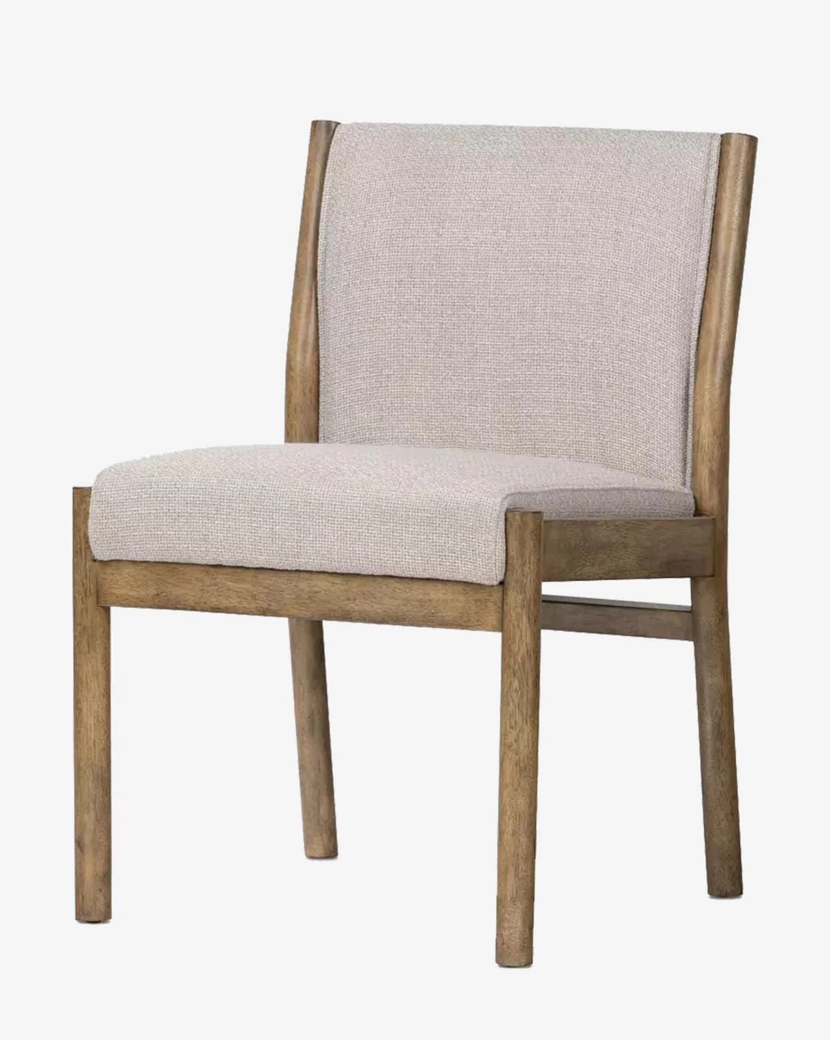 A modern dining chair with a wooden frame and upholstered seat and backrest. The frame has a natural wood finish and appears to be constructed from solid wood. The seat and backrest are covered in a light-colored, textured fabric. The design is minimalist with clean lines and a slightly curved back. — 3D model