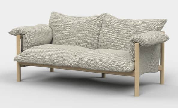 A contemporary two-seater loveseat featuring an exposed light-toned wooden frame and generously padd… — 3D model