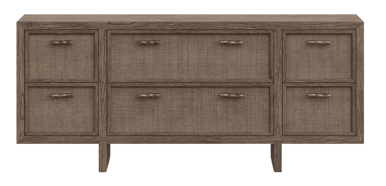 A long, low wooden sideboard featuring a textured, woven-like material on its drawer and door fronts… — 3D model