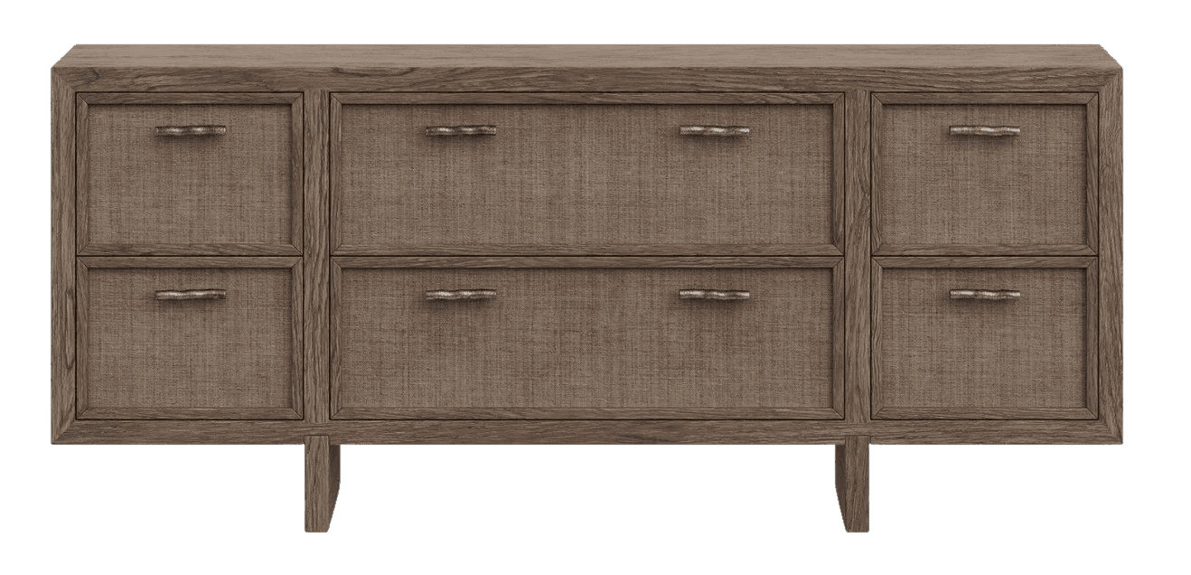A long, low wooden sideboard featuring a textured, woven-like material on its drawer and door fronts, framed by rustic-finished wood. It has a total of six compartments, with two larger drawers/doors in the center and two smaller ones on each side. Each compartment is fitted with a rectangular, distressed metal pull. The unit is supported by short, recessed block feet, creating a floating appearance. — 3D model