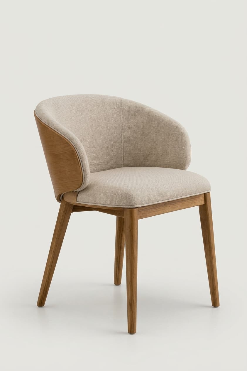A modern dining armchair featuring a light beige upholstered seat and inner backrest, complemented by a curved, exposed light wood outer back and armrests. The chair is supported by four tapered wooden legs. — 3D model