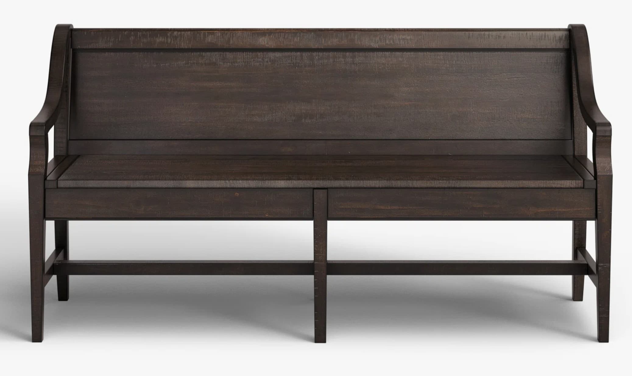 A dark brown wooden bench with a slatted backrest and a solid seat. It features slightly curved armrests and a sturdy frame with crossbars for support. — 3D model