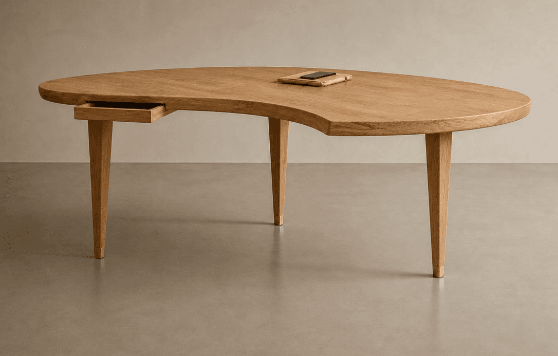 A kidney-shaped coffee table crafted from light-toned wood, featuring four tapered legs and a small, integrated drawer. The design showcases an organic, asymmetrical tabletop and minimalist detailing. — 3D model