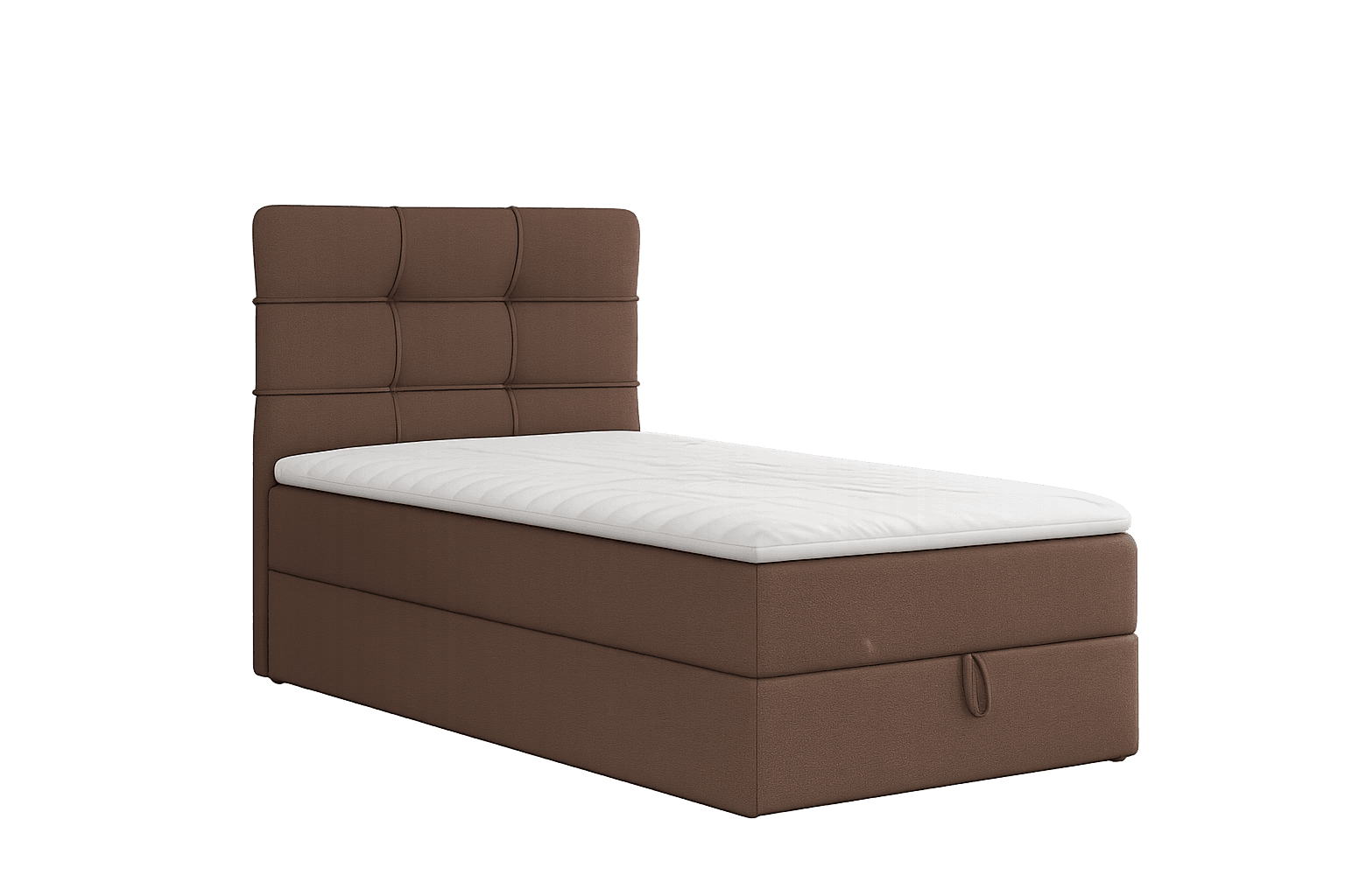 A single bed frame with a tufted headboard and a white mattress. The bed frame is upholstered in a b… — 3D model