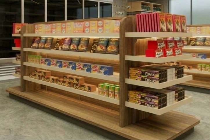 A modern, freestanding retail display shelving unit made of wood-look laminate with multiple adjustable shelves and a sturdy base. — 3D model