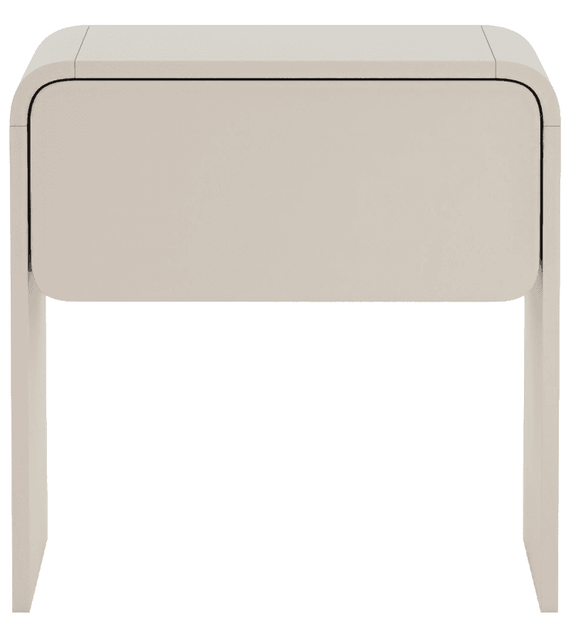 A compact, light beige nightstand with a single integrated drawer and seamless, rounded waterfall ed… — 3D model