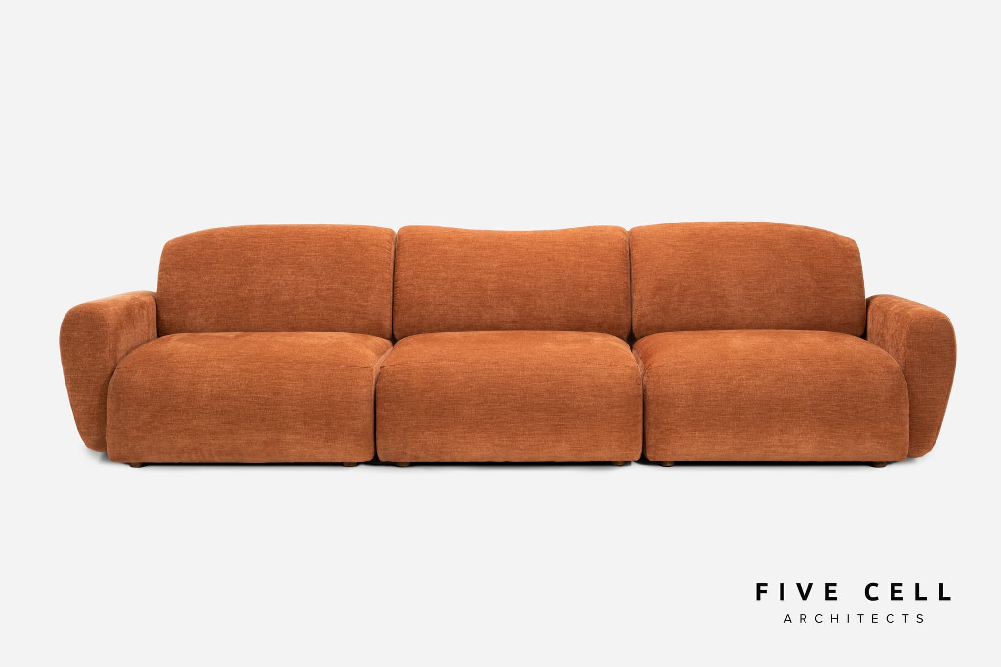 A three-seater sofa with rounded arms and a low profile. The sofa features separate seat and back cushions, with a continuous armrest design that wraps around the sides. The upholstery appears to be a textured fabric. — 3D model
