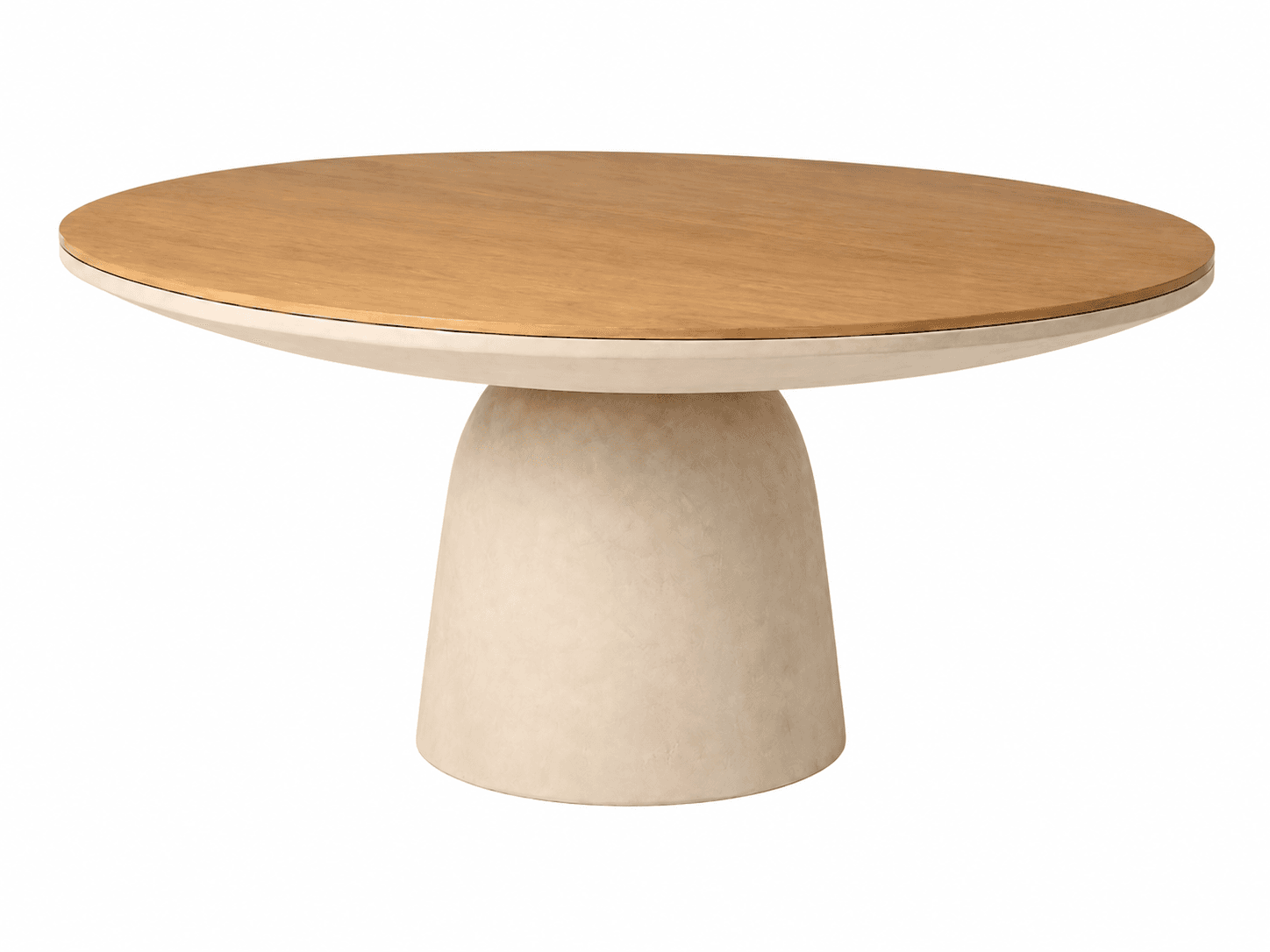 A contemporary round dining table featuring a light wood top and a robust, cream-colored pedestal base with a textured finish. — 3D model