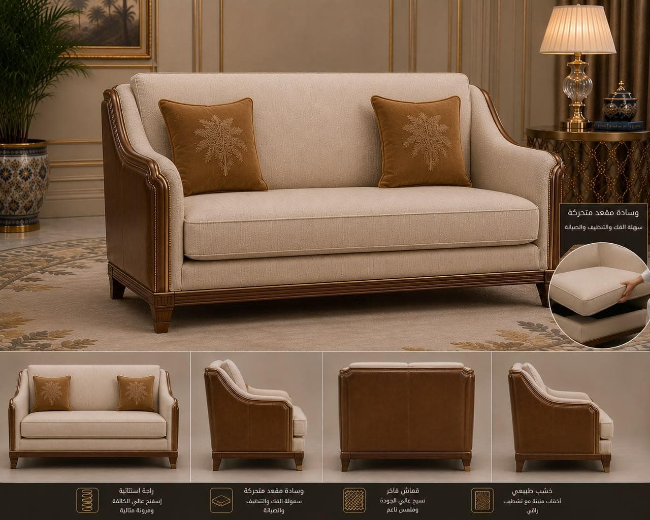 A traditional two-seater loveseat featuring an exposed dark wood frame, upholstered in a light beige fabric. The arms are accented with dark brown leather or faux leather panels, detailed with decorative nailhead trim and stitching. It includes two seat cushions, two back cushions, and two square throw pillows in a complementary brown hue with embroidered patterns. The loveseat stands on four decorative, tapered wooden legs. — 3D model