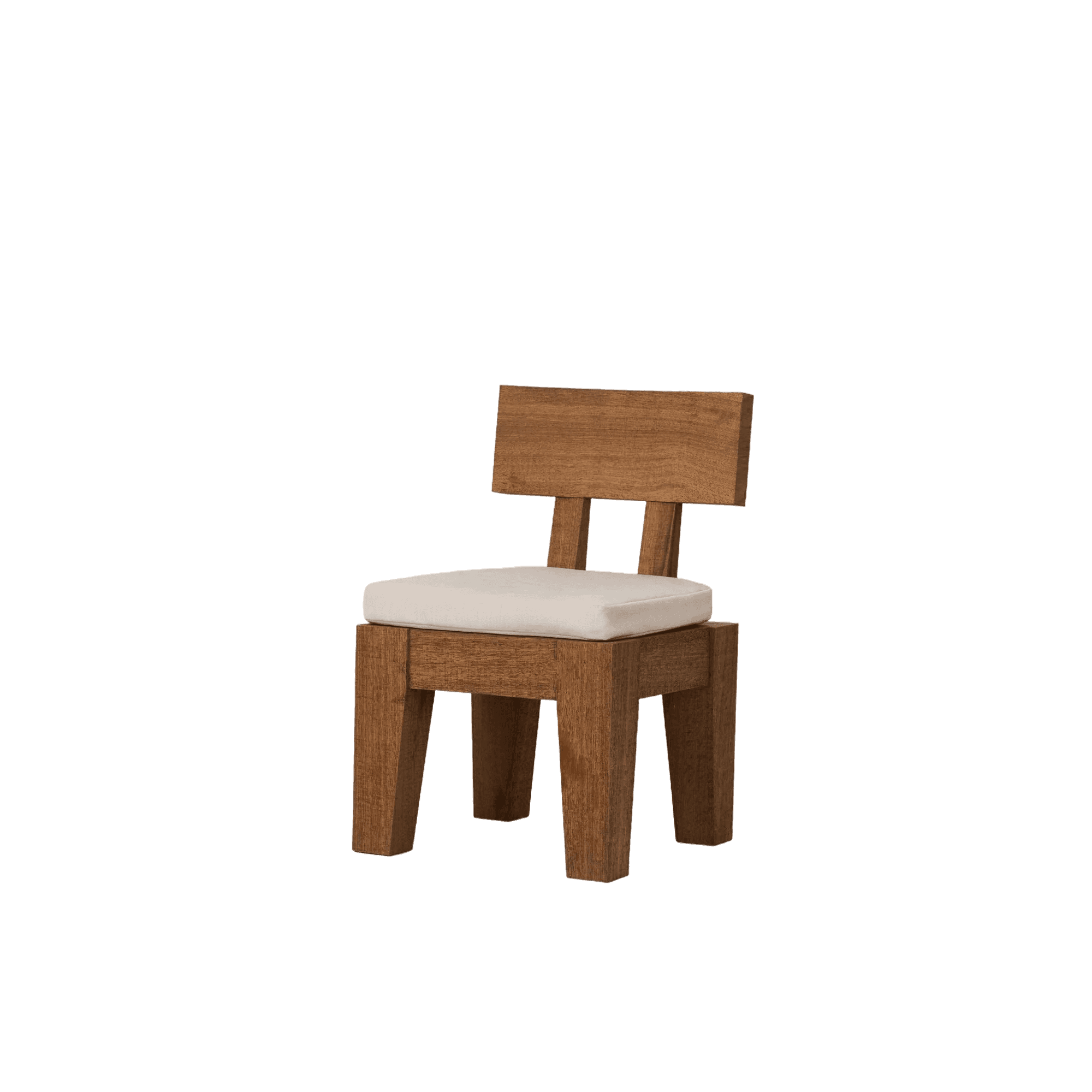 A wooden chair with a simple, blocky design. It features a rectangular seat with a cushioned pad and… — free GLTF 3D model