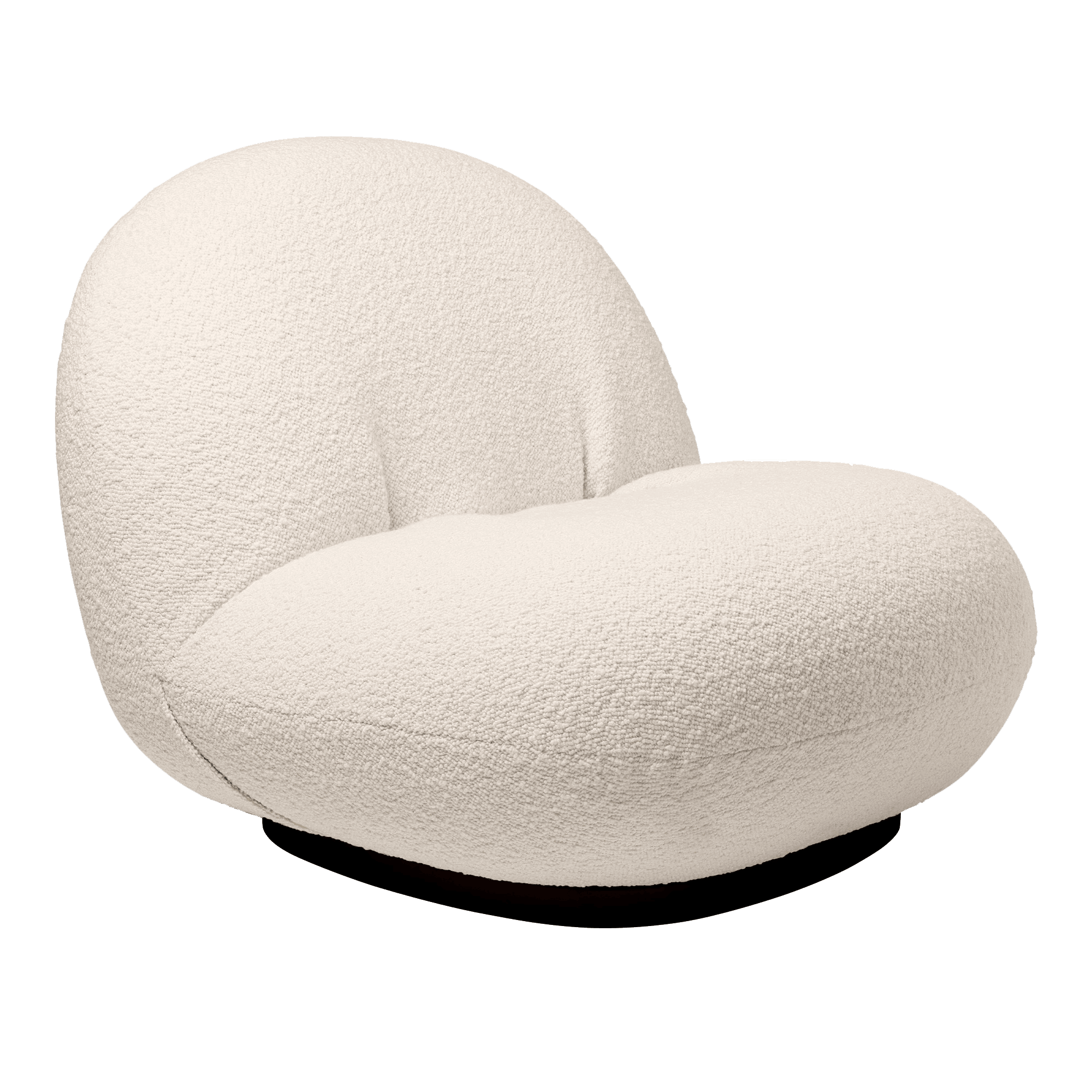 A low-profile, armless lounge chair with a rounded, organic shape, upholstered in a light-colored, textured boucle-like fabric. — 3D model