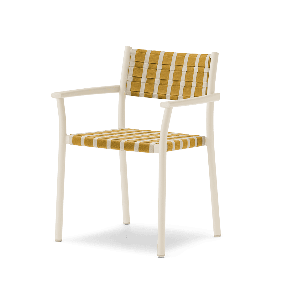 A contemporary armchair with a light-colored powder-coated metal frame and a woven seat and backrest made of yellow and white straps in a checkerboard pattern. The chair features integrated armrests and slender, slightly tapered legs, designed for modern outdoor or casual indoor use. — 3D model