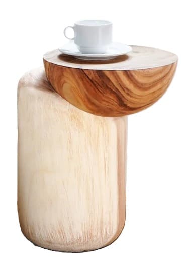 A uniquely designed side table with a cylindrical base made of light-colored wood and a semi-circular top made of darker wood with prominent grain patterns. A white teacup and saucer are placed on the top surface. — 3D model