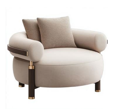 A contemporary armchair with a rounded silhouette. It features a plush, upholstered seat and back, with cylindrical armrests that extend outwards. Decorative elements include dark wood accents on the armrests and dark wood legs with brass accents at the top and bottom. Two complementary throw pillows are placed on the seat. — 3D model