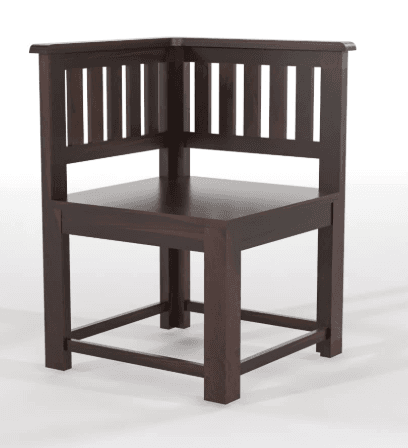 A dark brown wooden corner chair featuring a solid seat and slatted backrests on two sides, designed to fit snugly into a room's corner. The chair has sturdy square legs connected by stretchers near the base, and a clean, minimalist aesthetic. — 3D model
