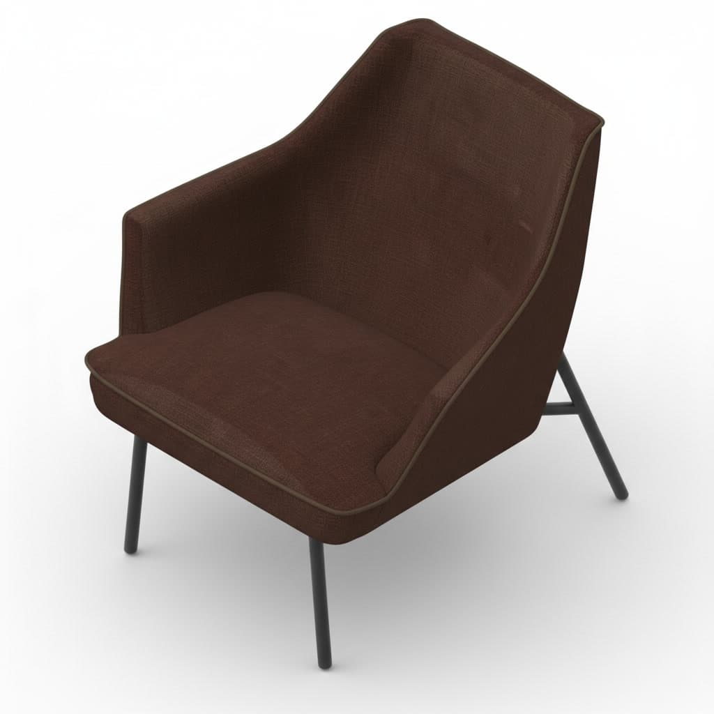 A modern upholstered lounge armchair with a deep brown fabric, integrated armrests, and slender black metal legs. — 3D model