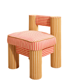 A uniquely designed armchair with a padded seat and backrest. The frame and upholstery feature a vibrant striped pattern. The chair has four cylindrical legs and a distinctive backrest structure that appears to be formed from two vertical supports connected by a horizontal element. — 3D model