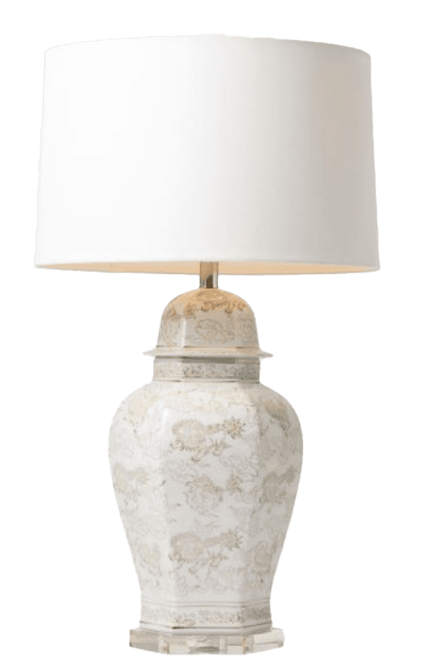 A decorative table lamp featuring a ceramic ginger jar base with intricate floral patterns in a neut… — 3D model