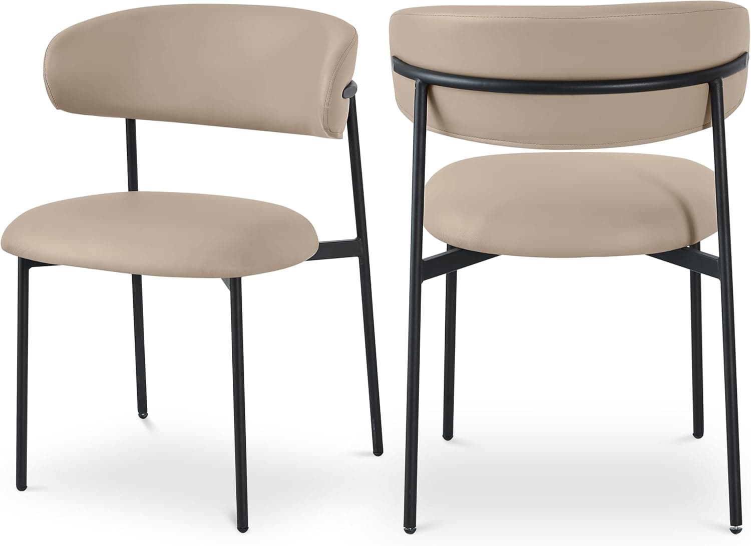 A pair of side chairs with upholstered seats and backrests. The chairs feature slim black metal frames and legs. The upholstery is a light beige color and appears to be a smooth material, possibly faux leather or a durable fabric. — 3D model