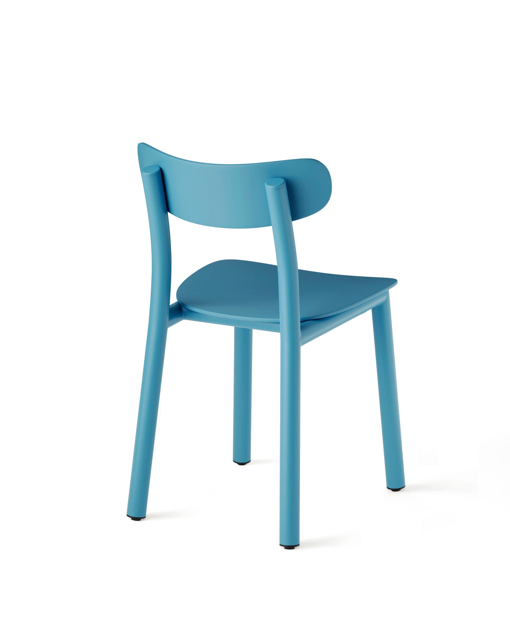 A contemporary armless side chair in a vibrant cyan-blue color, featuring a molded seat and backrest with a minimalist design, supported by four cylindrical legs. — 3D model