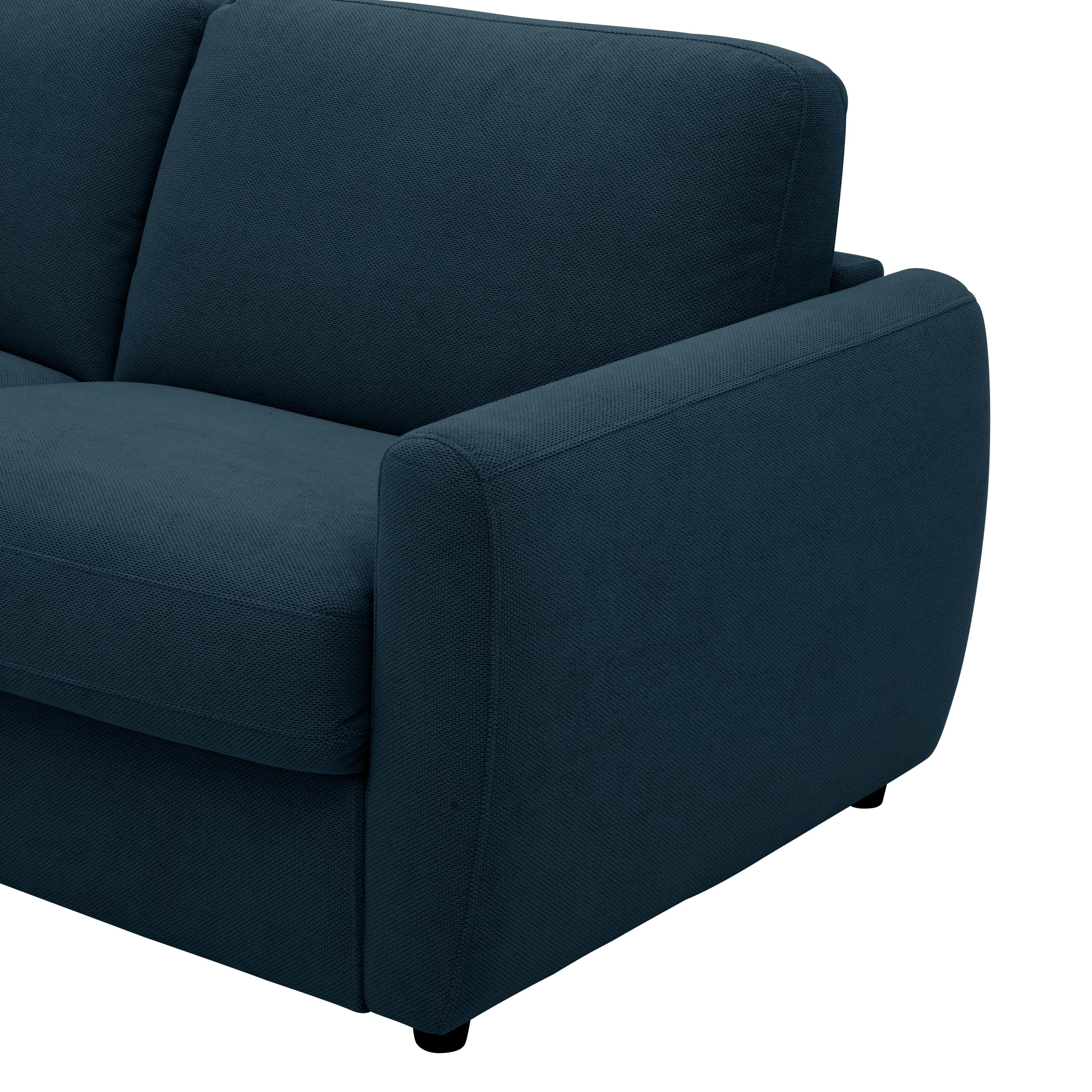 A close-up view of the armrest and cushions of a contemporary dark blue upholstered sofa. The sofa f… — 3D model